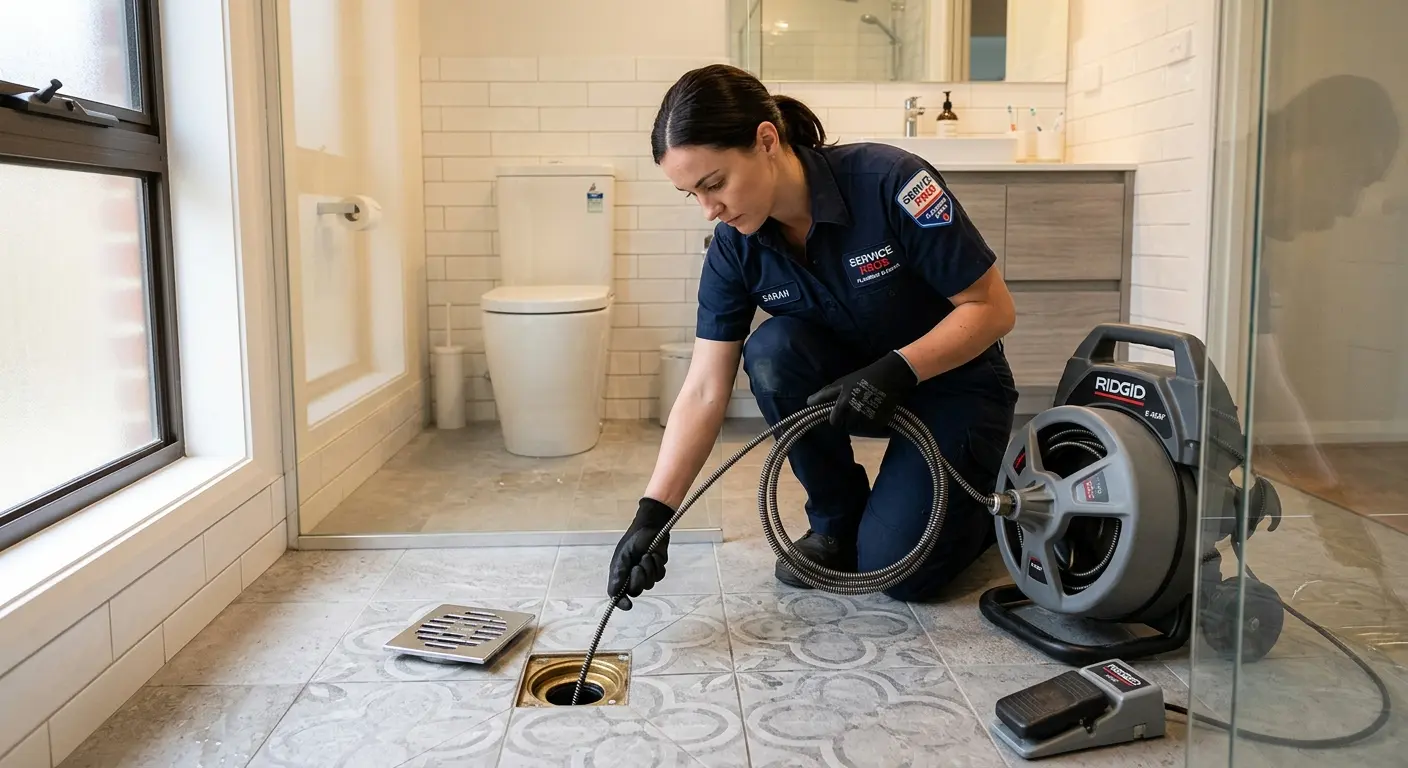 Technician clearing a bathroom floor drain for Sewer Line Replacement in Laurens